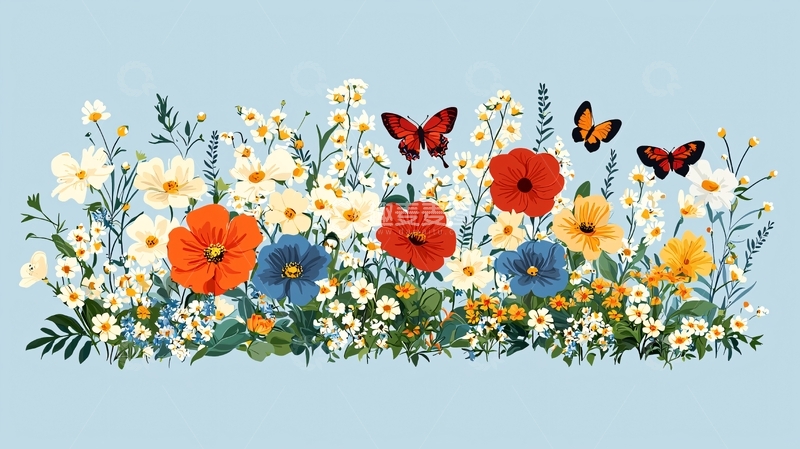 高清大图下载【趣麦麦图】蓝天背景下的野花和蝴蝶