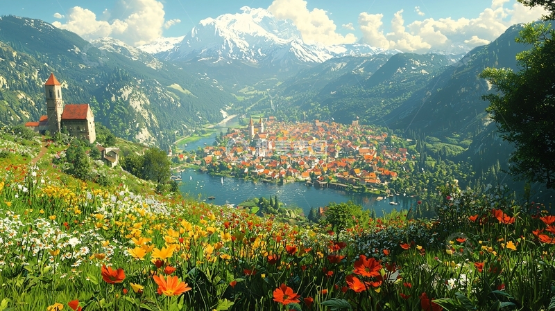 高清大图下载【趣麦麦图】山峦环抱的湖边小镇