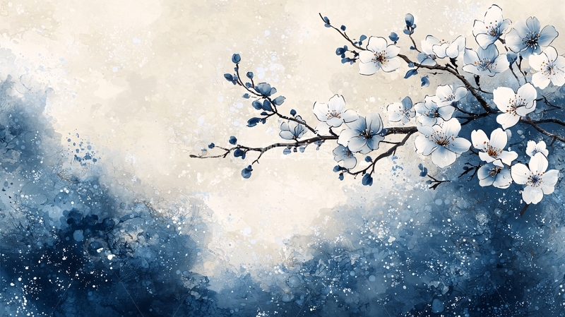 高清大图下载【趣麦麦图】水墨蓝白樱花