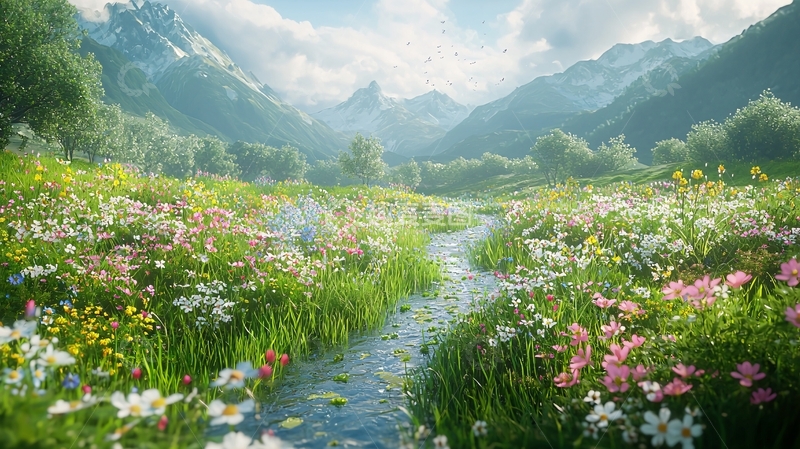 高清大图下载【趣麦麦图】山谷溪流鲜花盛开