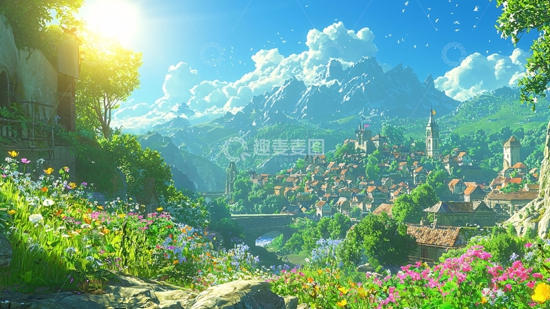 高清大图下载【趣麦麦图】阳光明媚山谷小镇