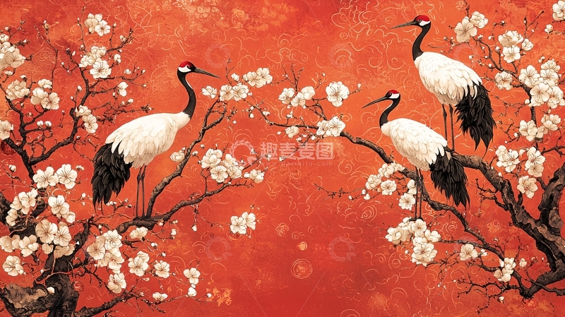 高清大图下载【趣麦麦图】红底白鹤梅花图