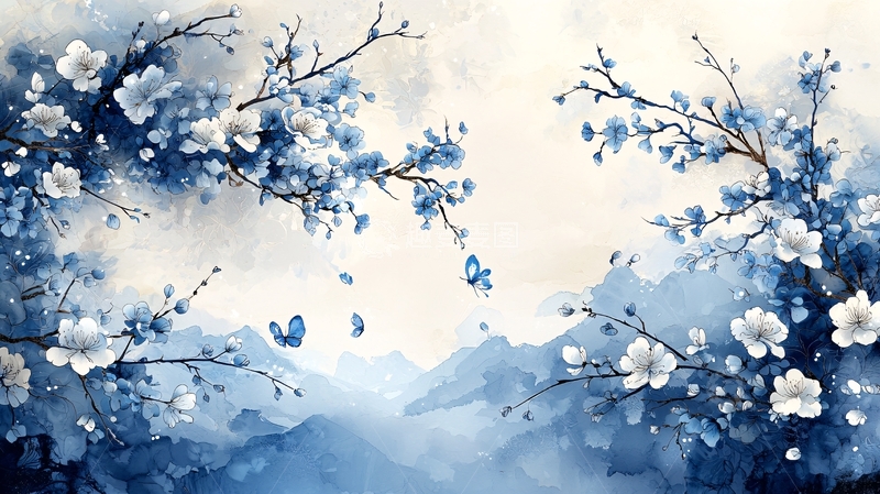 高清大图下载【趣麦麦图】水墨蓝花