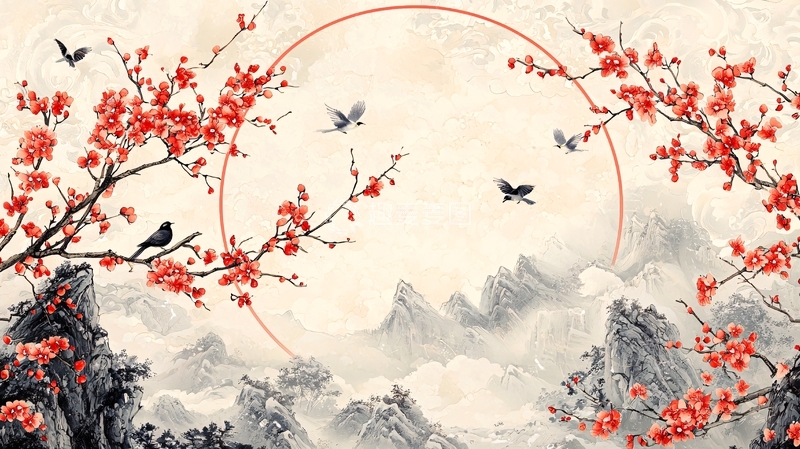高清大图下载【趣麦麦图】水墨红梅山鸟图
