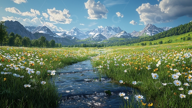 高清大图下载【趣麦麦图】山间溪流野花盛开