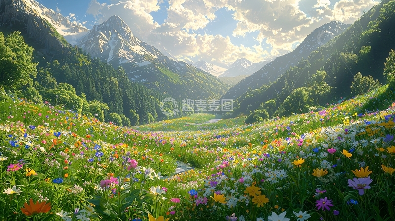 高清大图下载【趣麦麦图】阿尔卑斯山花海