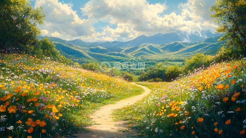 高清大图下载【趣麦麦图】山间小路花海风景