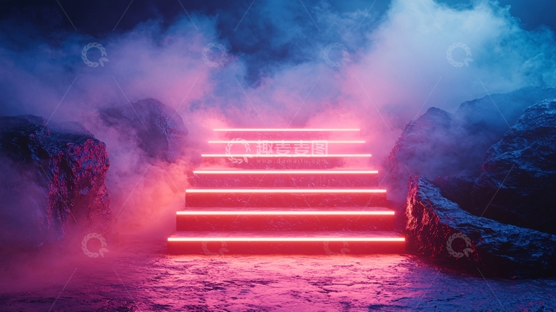 高清大图下载【趣麦麦图】霓虹灯光照亮的楼梯