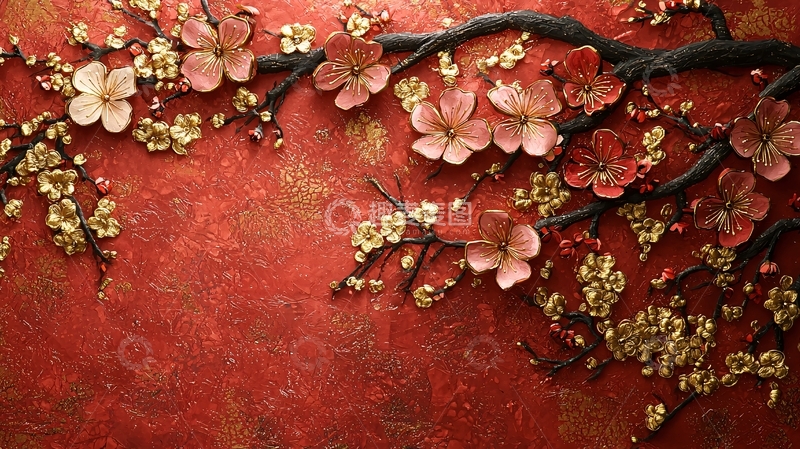 高清大图下载【趣麦麦图】红底金粉梅花枝条