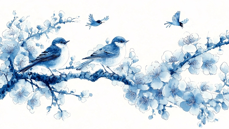 高清大图下载【趣麦麦图】水墨蓝鸟梅花枝