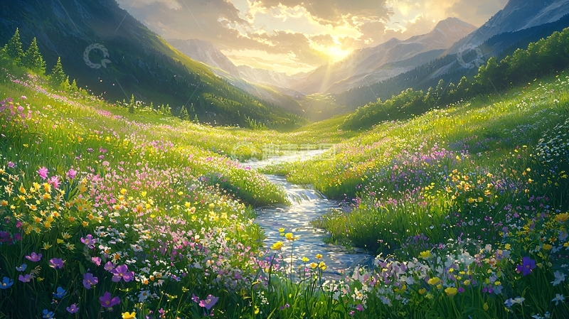 高清大图下载【趣麦麦图】山谷溪流野花盛开