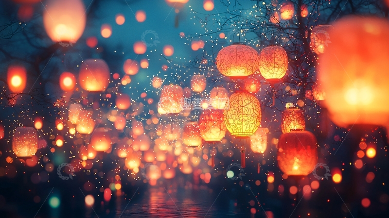 高清大图下载【趣麦麦图】夜空飞舞的温暖灯笼
