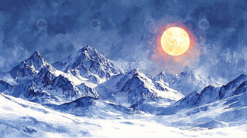 高清大图下载【趣麦麦图】冰雪山峰与皓月