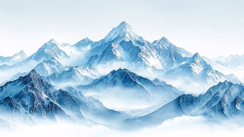 高清大图下载【趣麦麦图】水墨蓝调雪山群峰