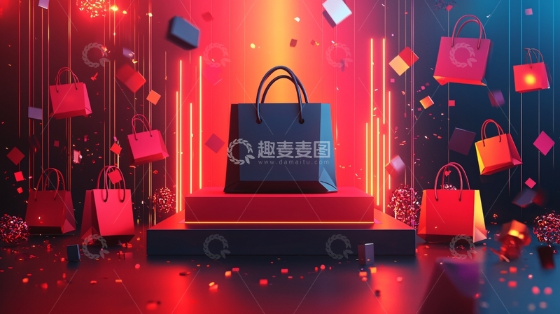 高清大图下载【趣麦麦图】红色背景购物袋