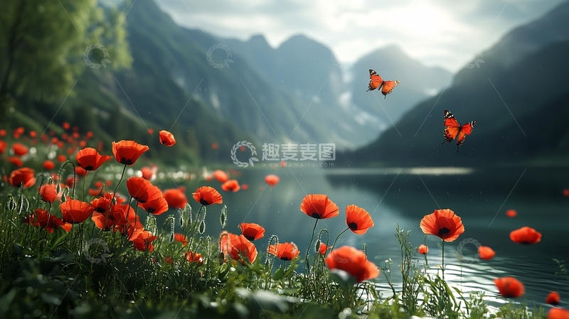 高清大图下载【趣麦麦图】山湖边盛开的红色罂粟花
