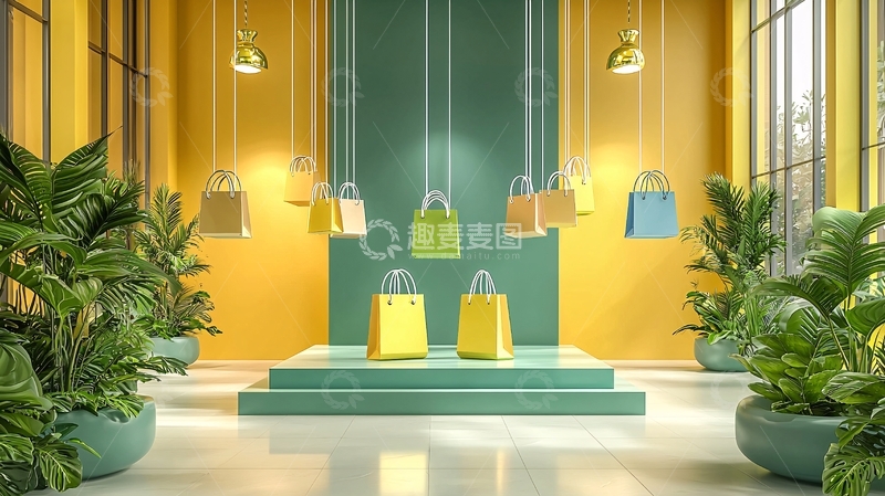 高清大图下载【趣麦麦图】黄绿撞色购物袋悬挂场景