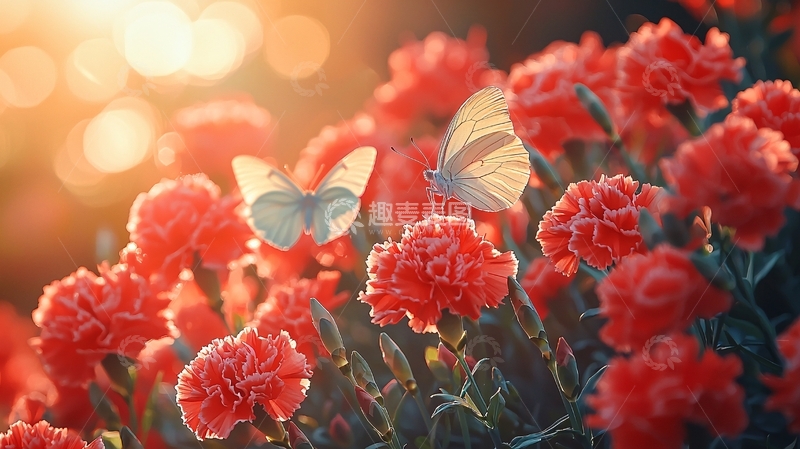高清大图下载【趣麦麦图】阳光下盛开的康乃馨和蝴蝶