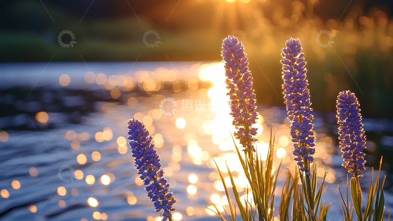 夕阳下河边紫色花朵