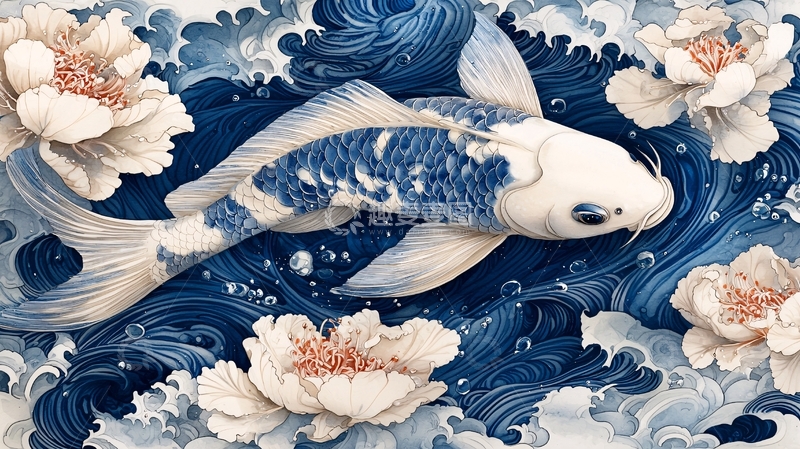 高清大图下载【趣麦麦图】蓝白锦鲤牡丹花纹理