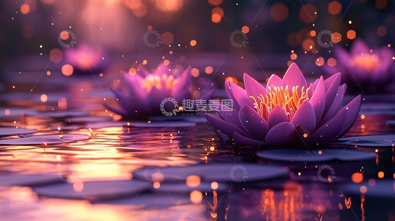 高清大图下载【趣麦麦图】夕阳下绽放的紫色睡莲