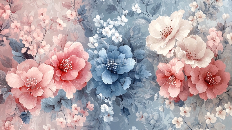 高清大图下载【趣麦麦图】粉蓝花朵水彩画背景