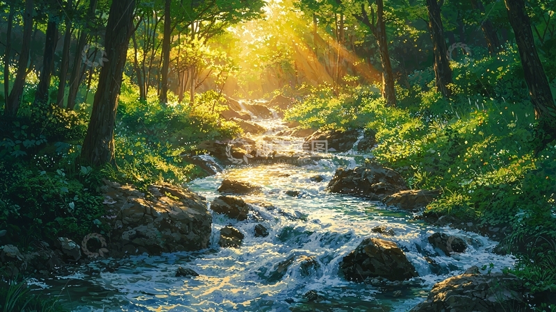 高清大图下载【趣麦麦图】森林小溪阳光