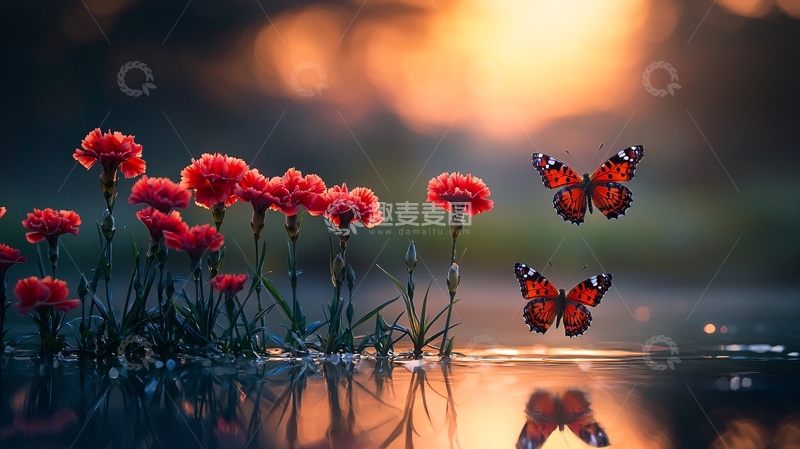 高清大图下载【趣麦麦图】夕阳下红康乃馨与蝴蝶