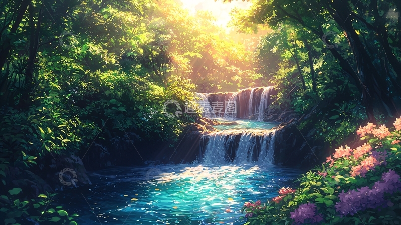 高清大图下载【趣麦麦图】阳光森林瀑布溪流