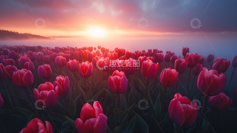 高清大图下载【趣麦麦图】日出时分的红色郁金香花田
