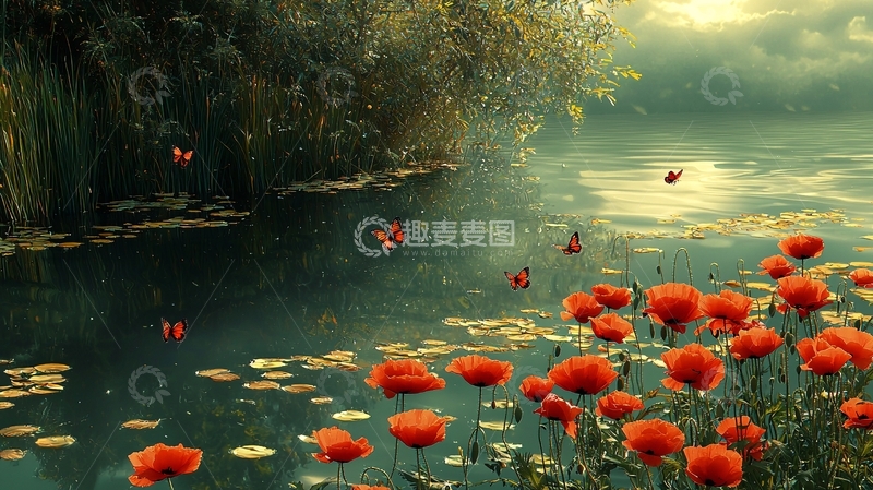 高清大图下载【趣麦麦图】静谧湖泊与红色罂粟花