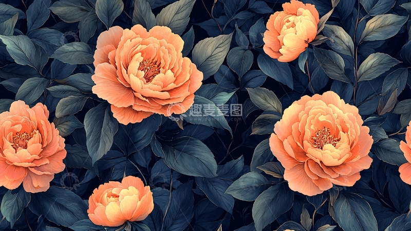高清大图下载【趣麦麦图】暗色系橙色牡丹花丛