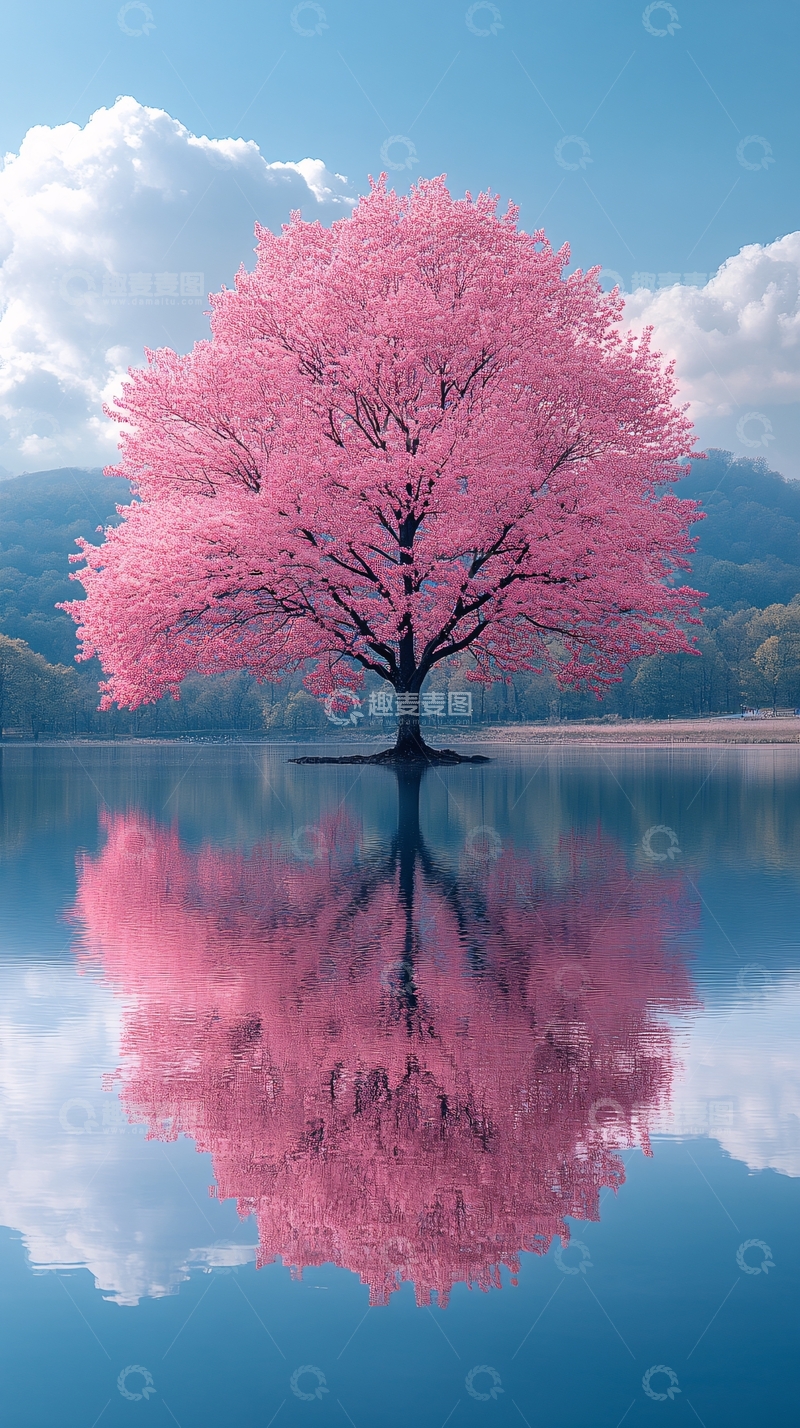 高清大图下载【趣麦麦图】粉色树木湖泊倒影