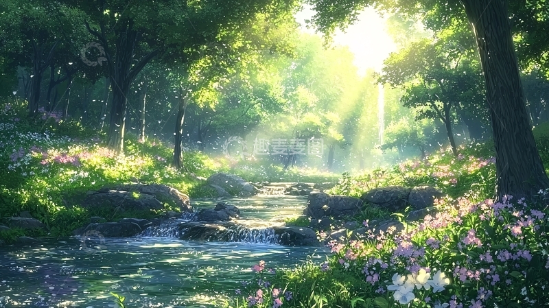 高清大图下载【趣麦麦图】阳光森林溪流