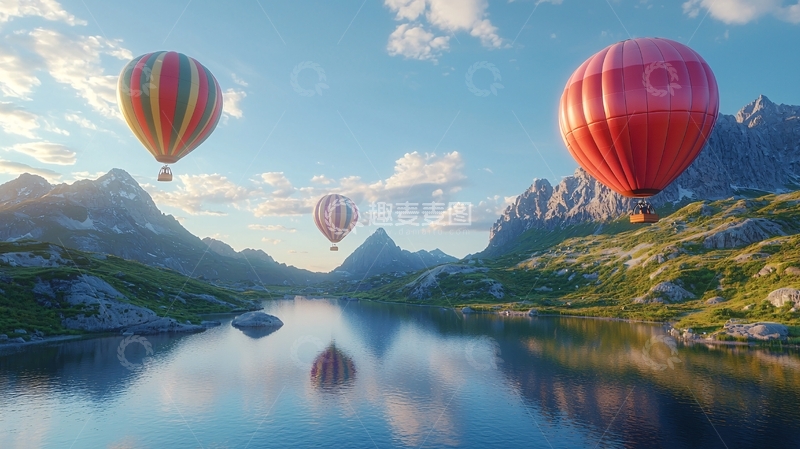 高清大图下载【趣麦麦图】热气球山峦湖泊景色