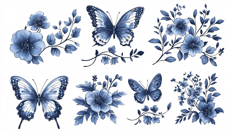 高清大图下载【趣麦麦图】蓝色蝴蝶花卉图案