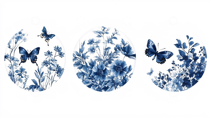 高清大图下载【趣麦麦图】蓝白瓷器蝴蝶花卉图案