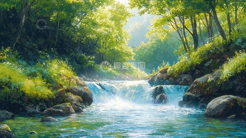 高清大图下载【趣麦麦图】阳光森林小溪瀑布