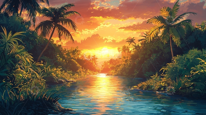 高清大图下载【趣麦麦图】热带雨林日落河景