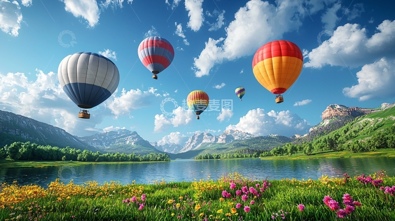 高清大图下载【趣麦麦图】热气球飞跃山峦湖泊