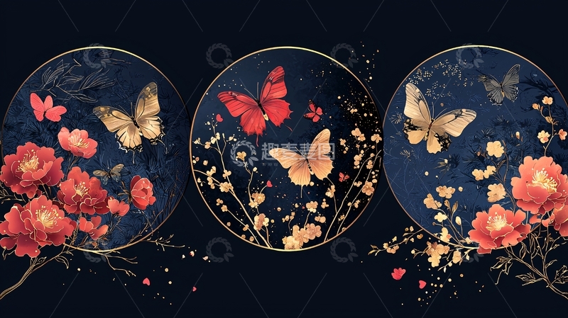 高清大图下载【趣麦麦图】暗夜花蝶三联画