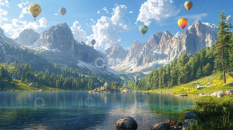 高清大图下载【趣麦麦图】热气球飞跃阿尔卑斯山