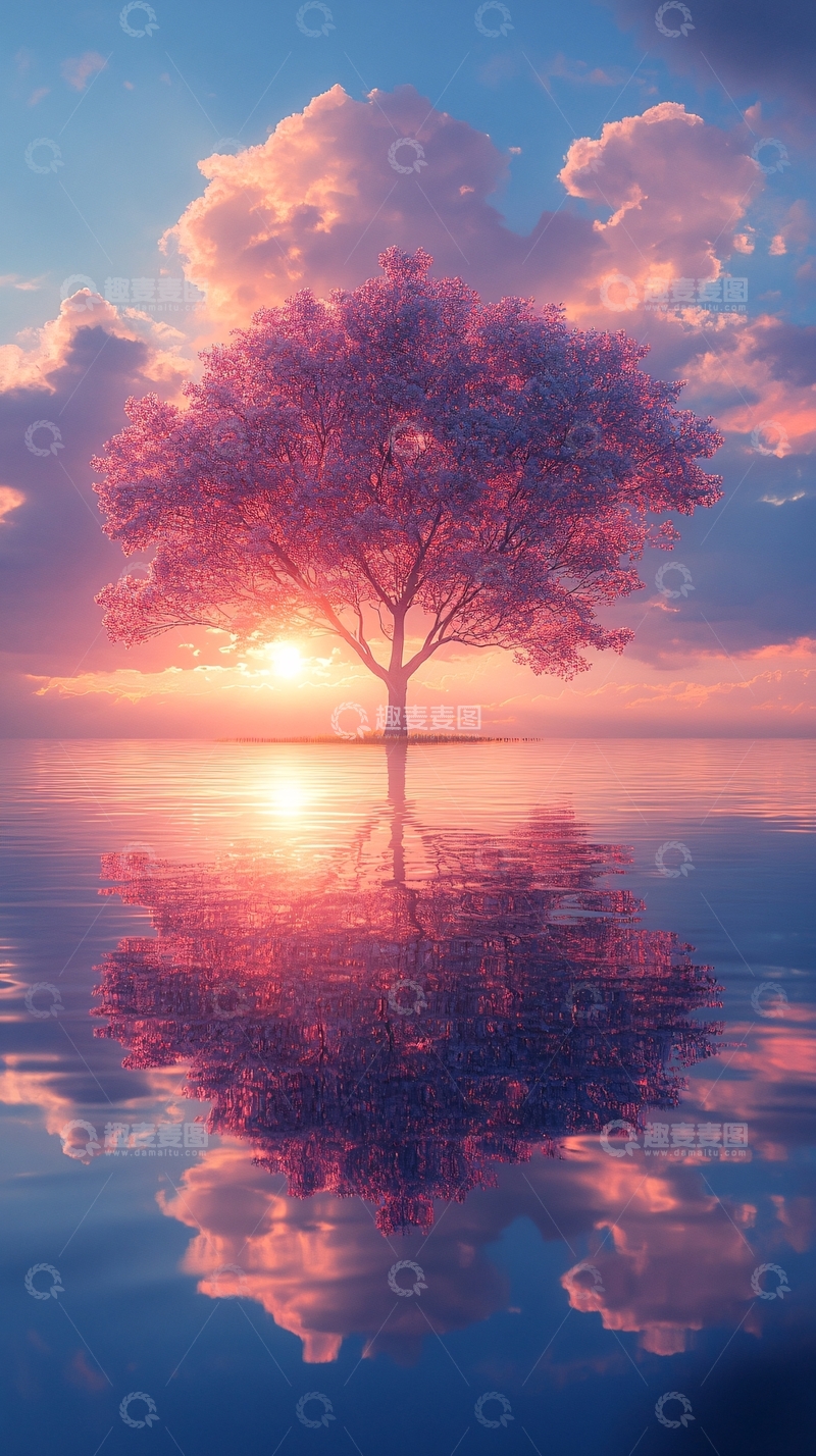 高清大图下载【趣麦麦图】粉色树木倒影日落
