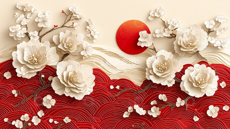 高清大图下载【趣麦麦图】红白花朵日出祥云背景