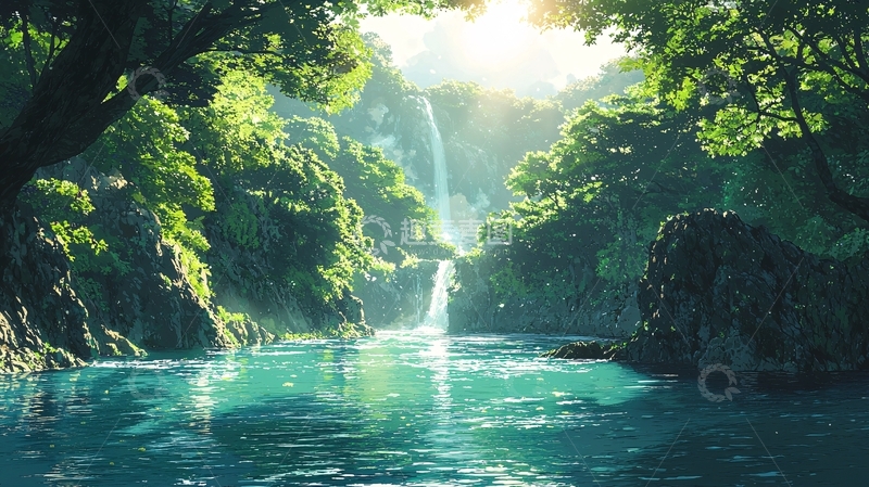 高清大图下载【趣麦麦图】阳光森林瀑布河流