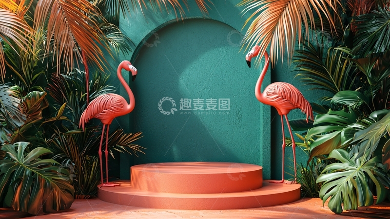 高清大图下载【趣麦麦图】火烈鸟绿植背景