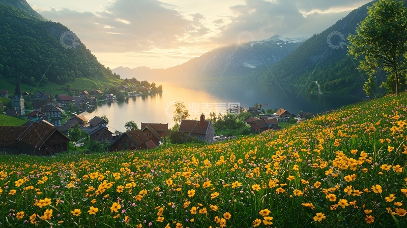 高清大图下载【趣麦麦图】山间湖泊小镇鲜花盛开