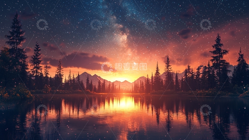 高清大图下载【趣麦麦图】星空下的森林湖泊