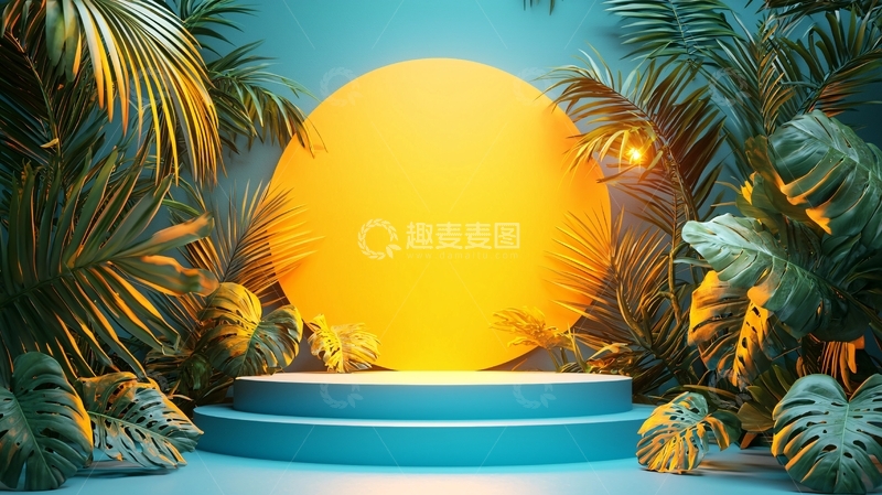 高清大图下载【趣麦麦图】热带植物环绕的蓝色圆形展台