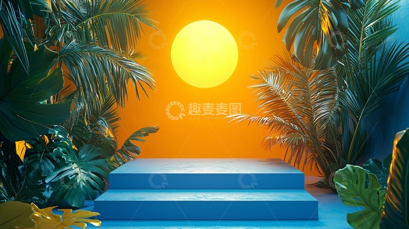 高清大图下载【趣麦麦图】热带植物背景蓝色阶梯